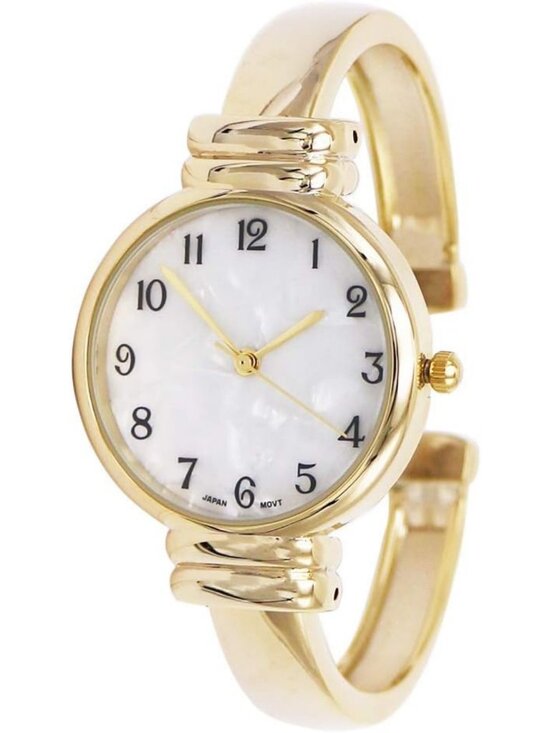 Elegant Mother of Pearl Metal Cuff Watch - Stylish Gold Timepiece for Women